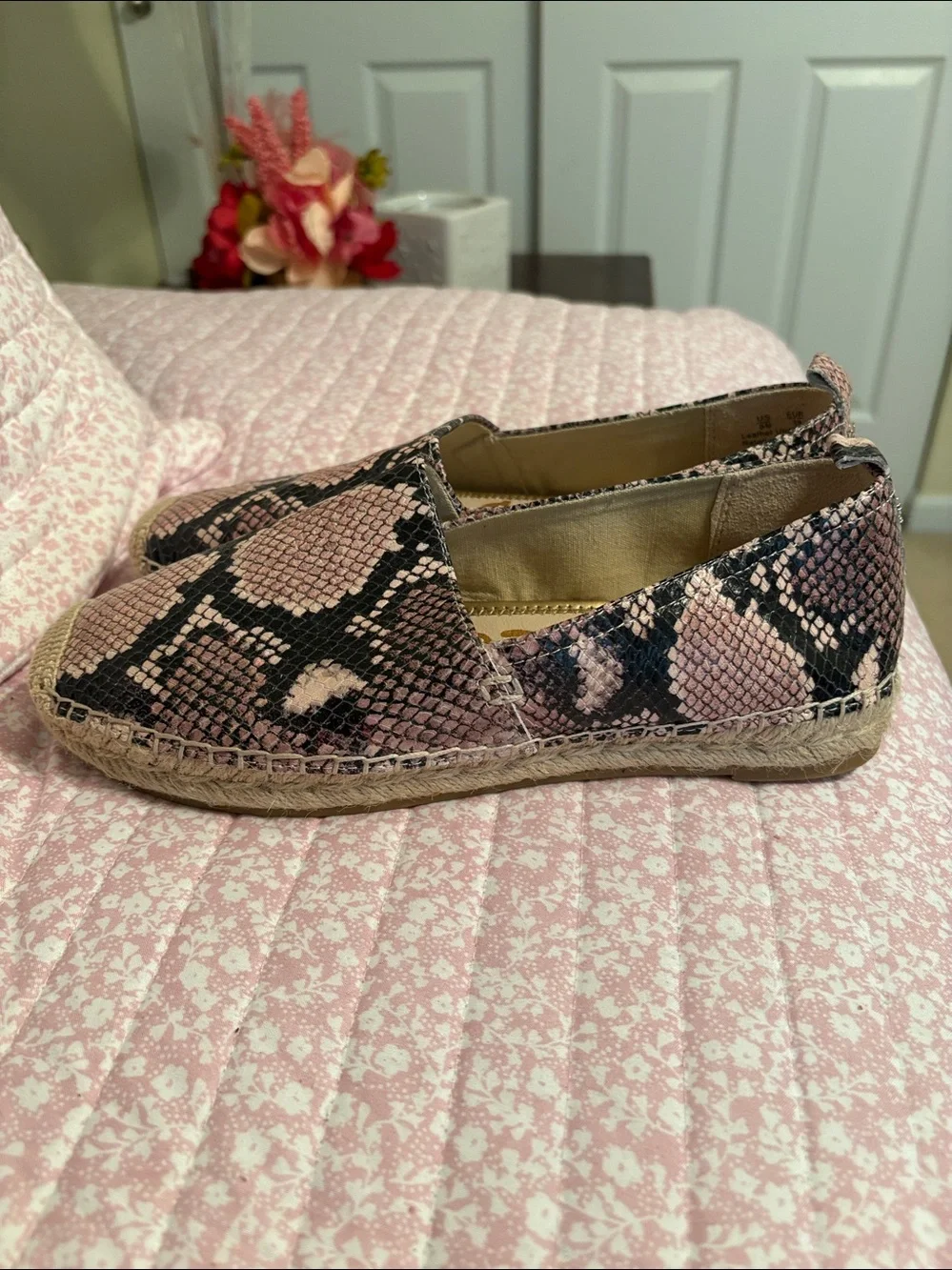 Sam Edelman Rare Pink and Black Snake-Print Espadrille Flats